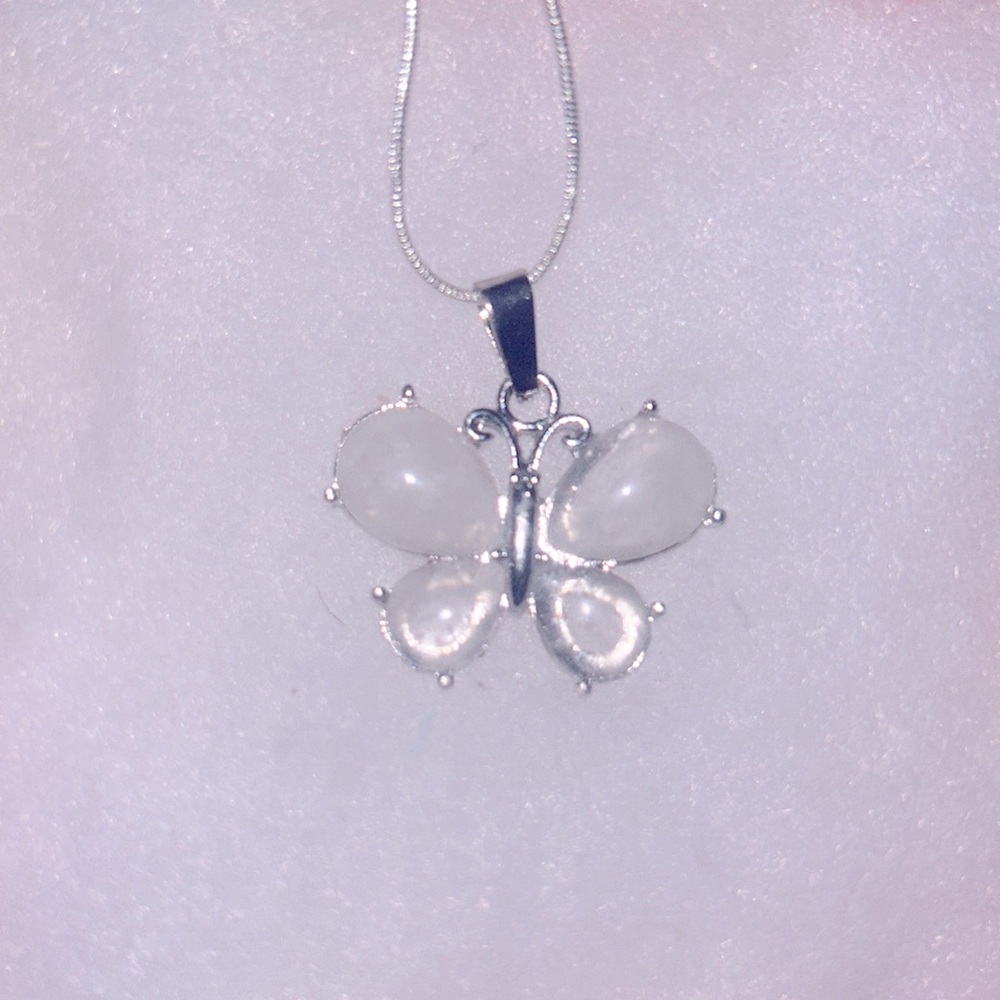 Boho hippie Quartz Crystal Butterfly Sterling Silver 18” Necklace